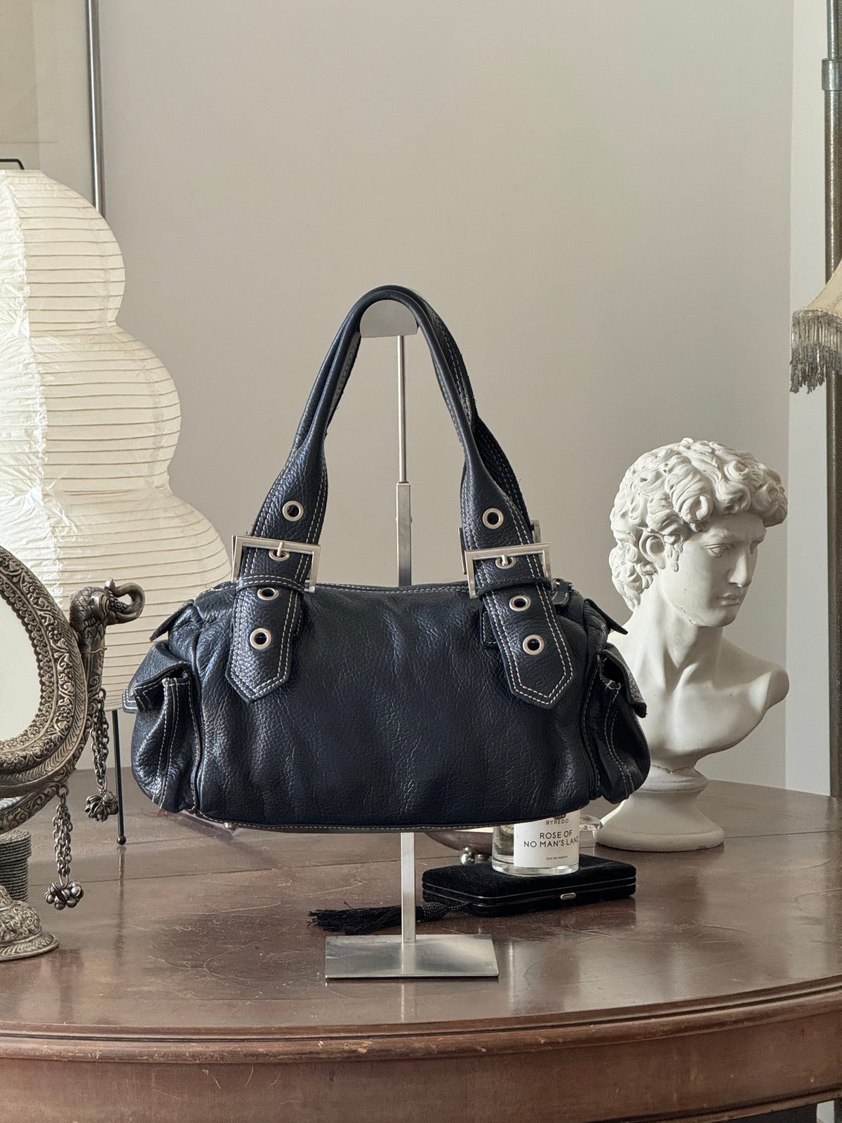 Grey Blue Leather Shoulder Bag