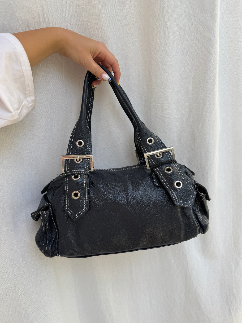 Grey Blue Leather Shoulder Bag