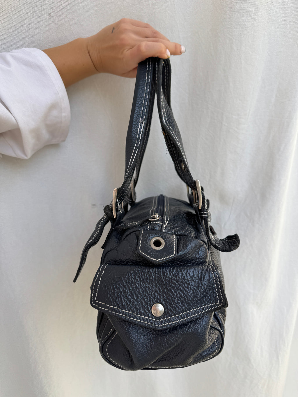 Grey Blue Leather Shoulder Bag