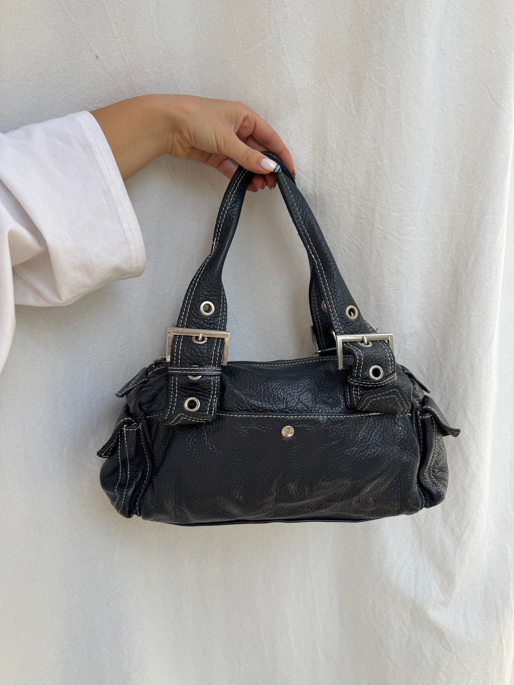 Grey Blue Leather Shoulder Bag