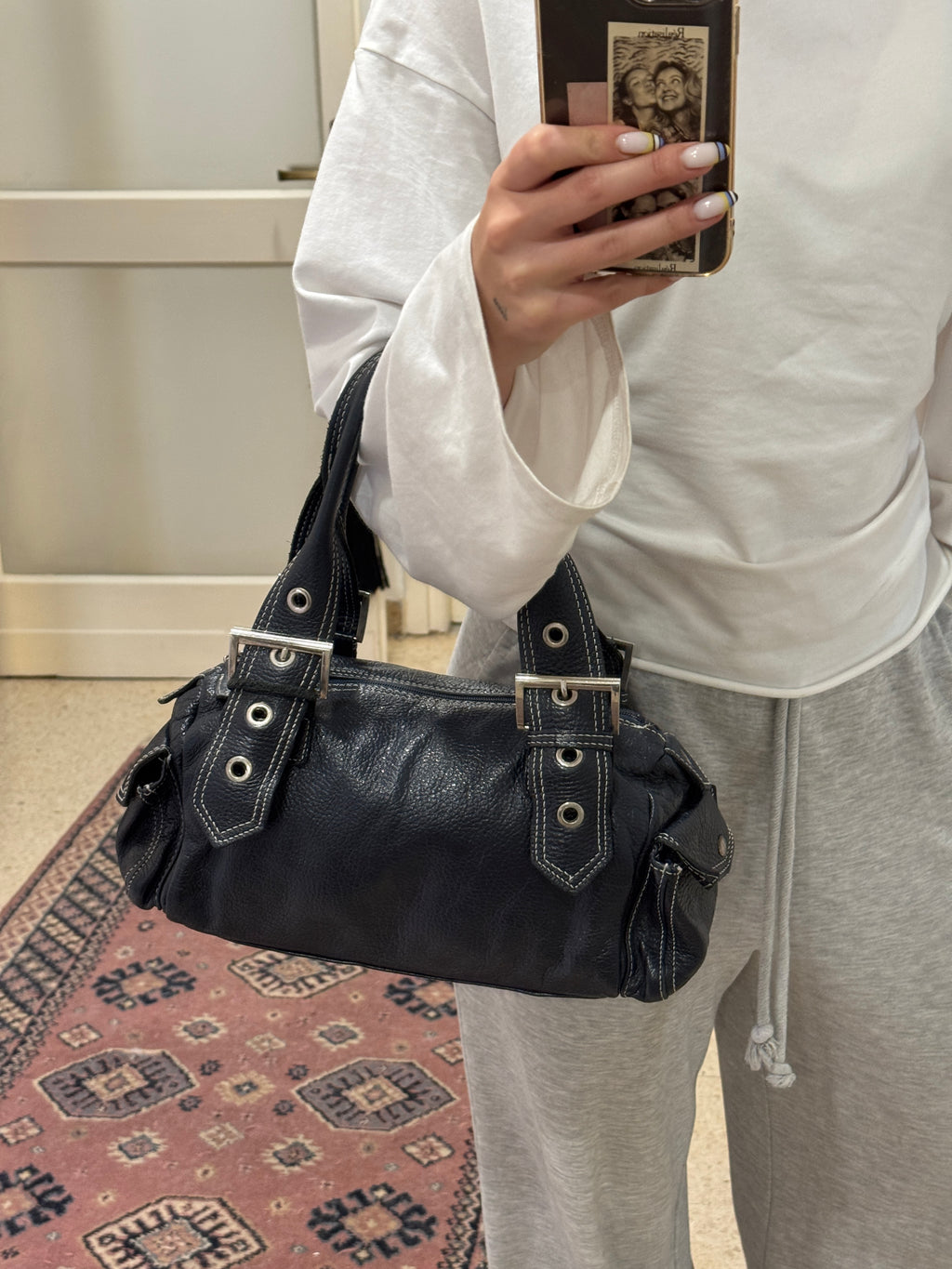 Grey Blue Leather Shoulder Bag