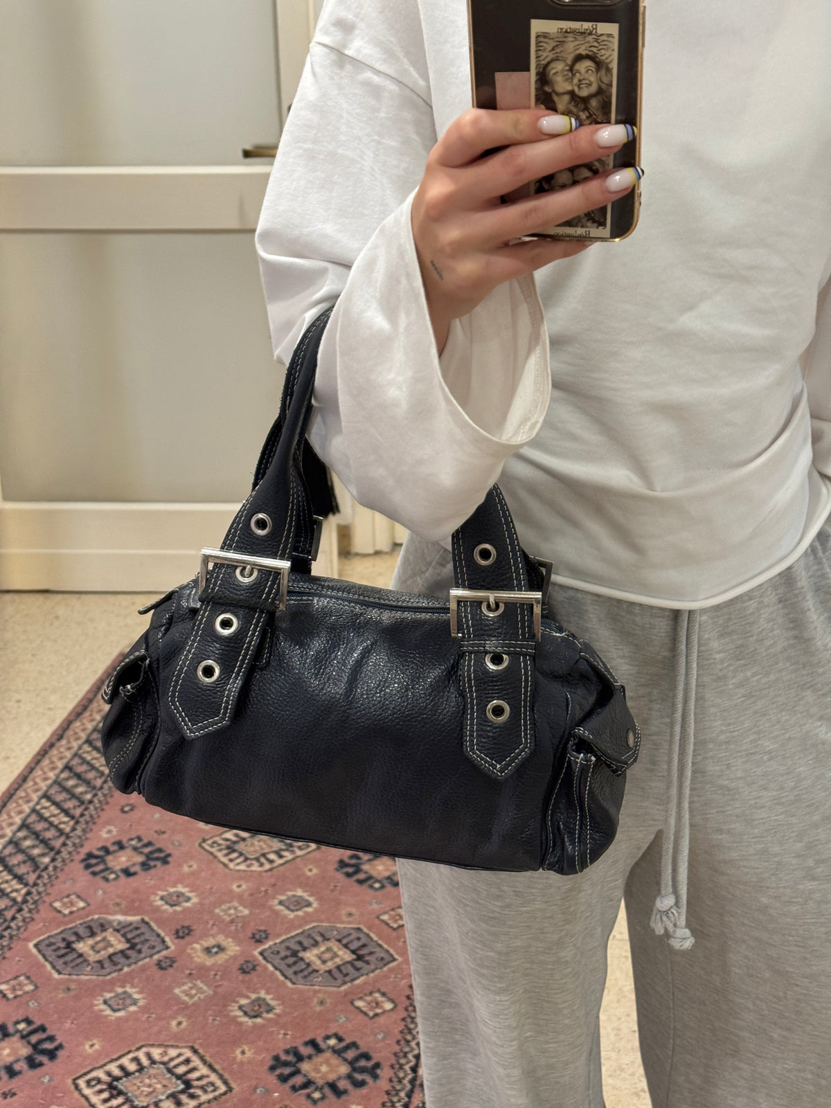 Grey Blue Leather Shoulder Bag