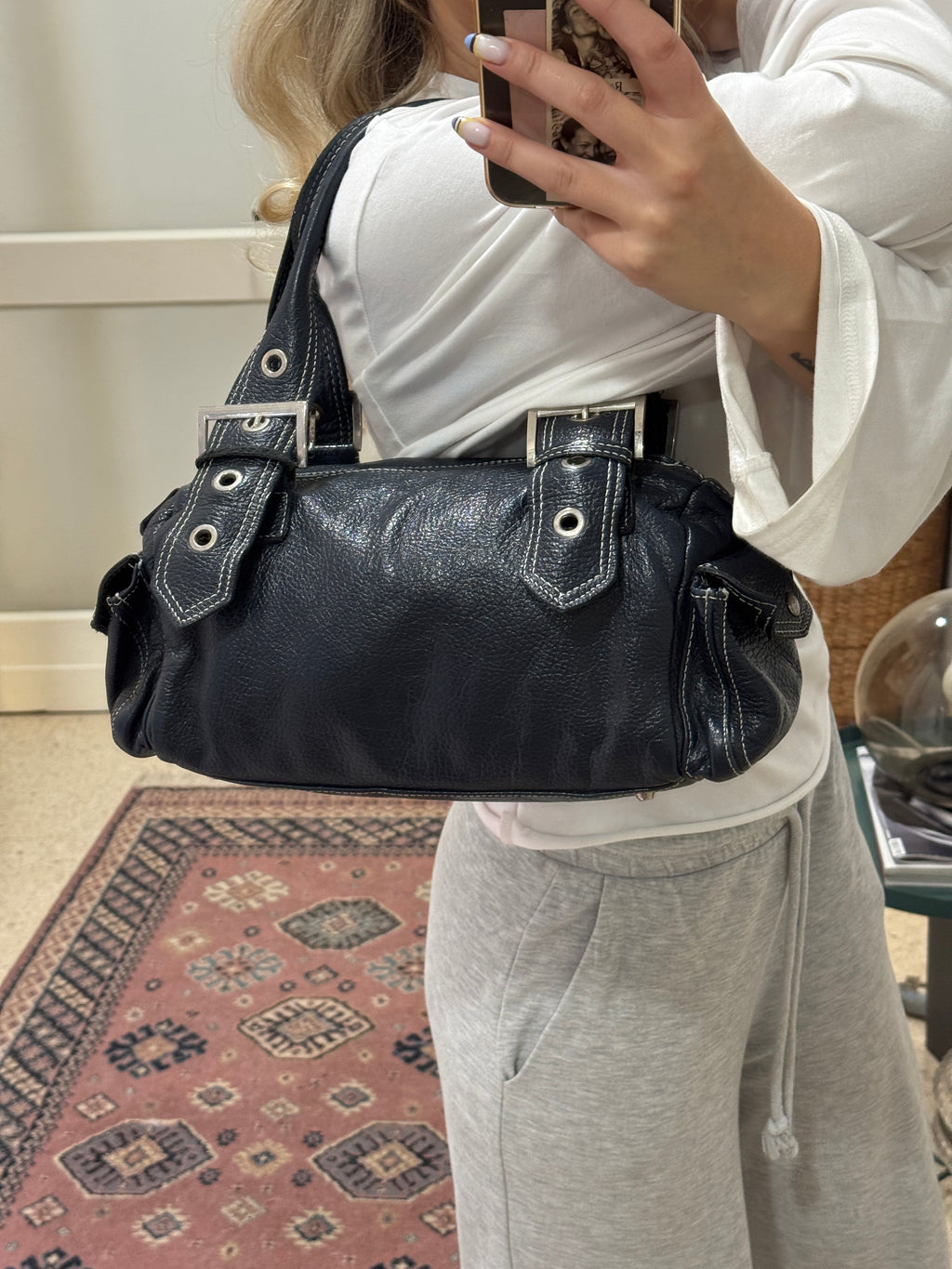 Grey Blue Leather Shoulder Bag