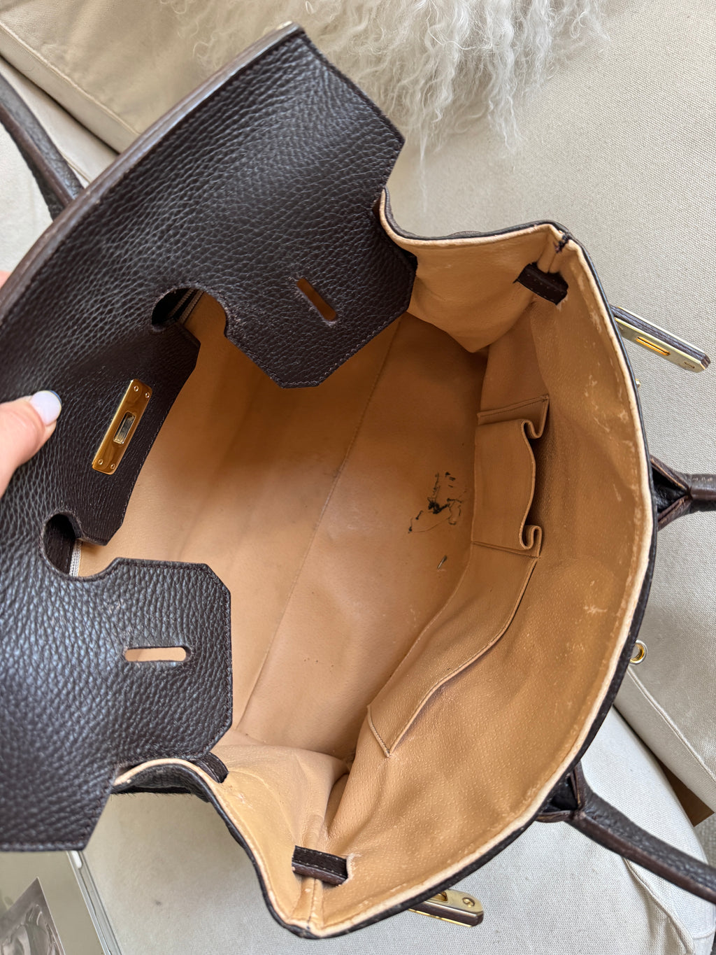 Brown Pony Hair and Leather Bag with Golden Details