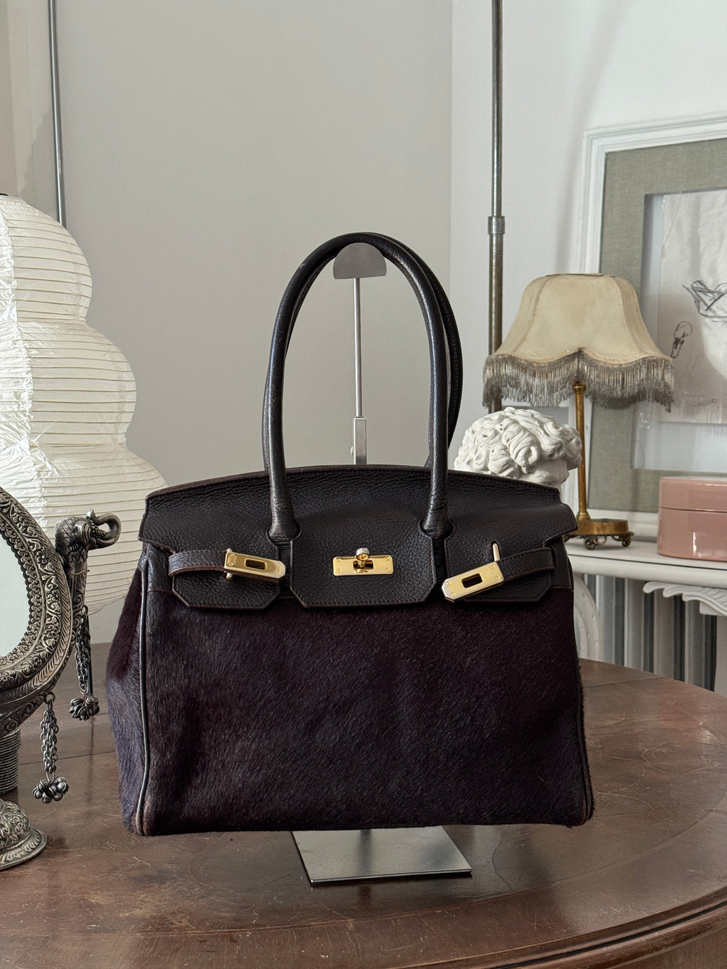 Brown Pony Hair and Leather Bag with Golden Details