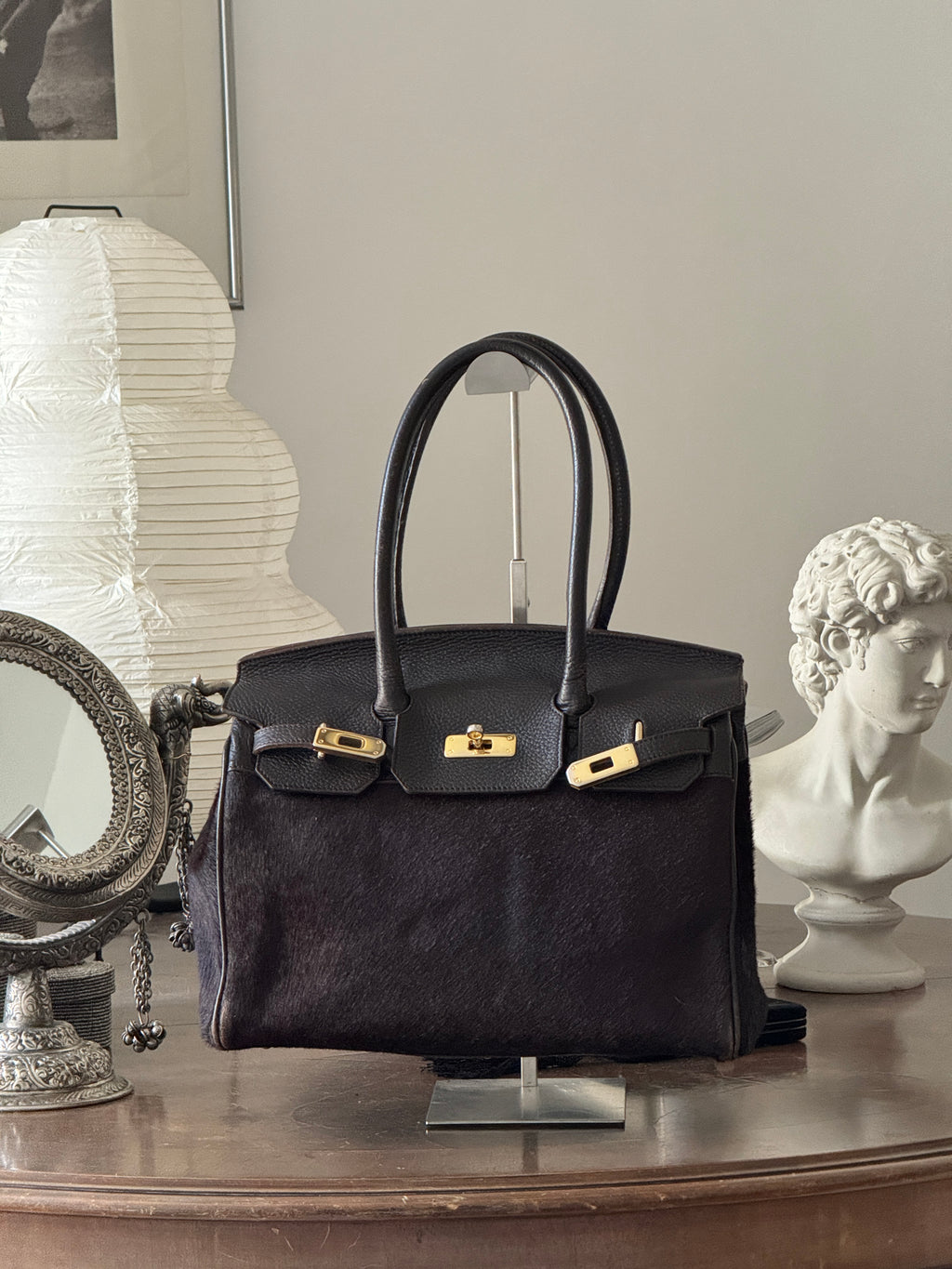 Brown Pony Hair and Leather Bag with Golden Details