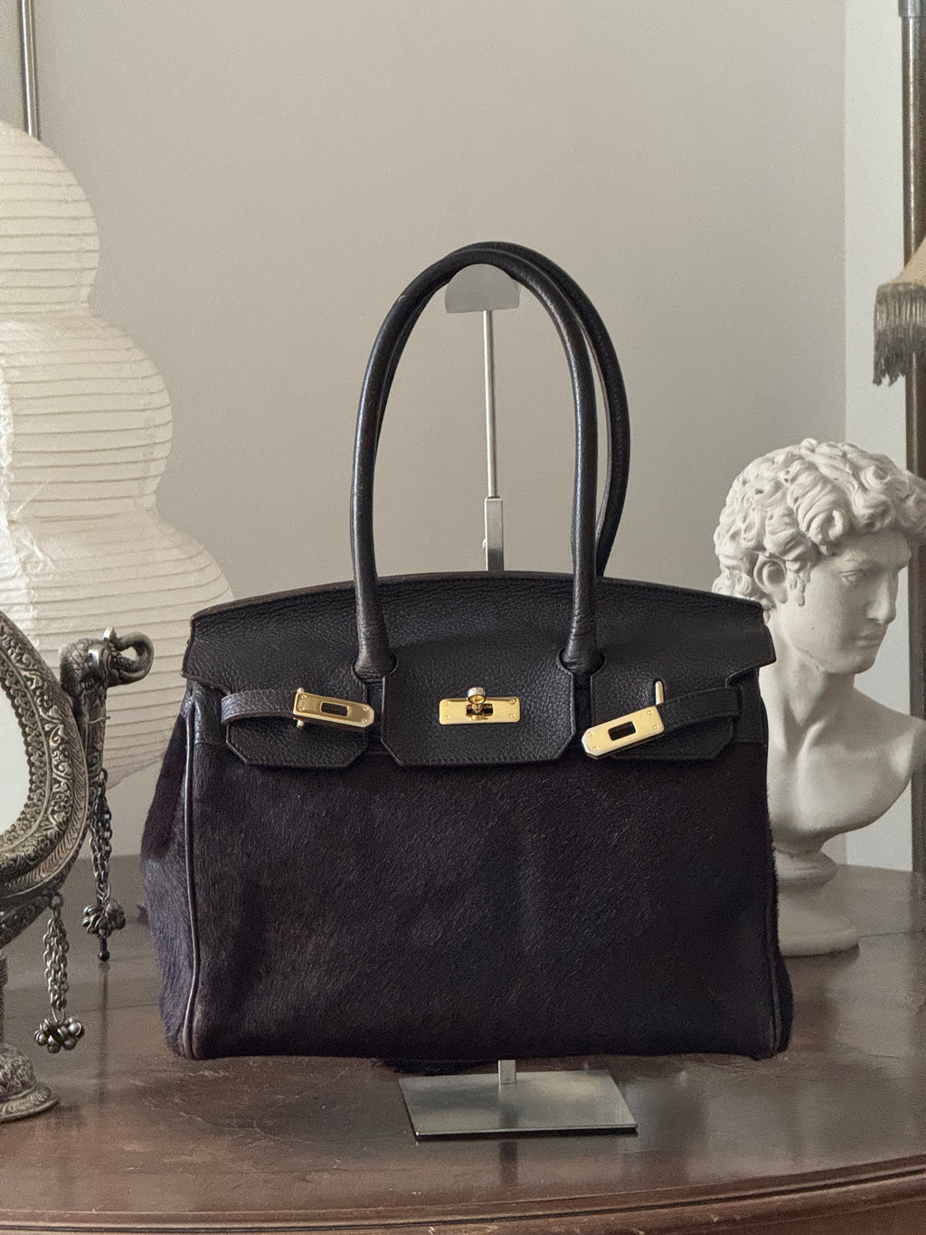 Brown Pony Hair and Leather Bag with Golden Details