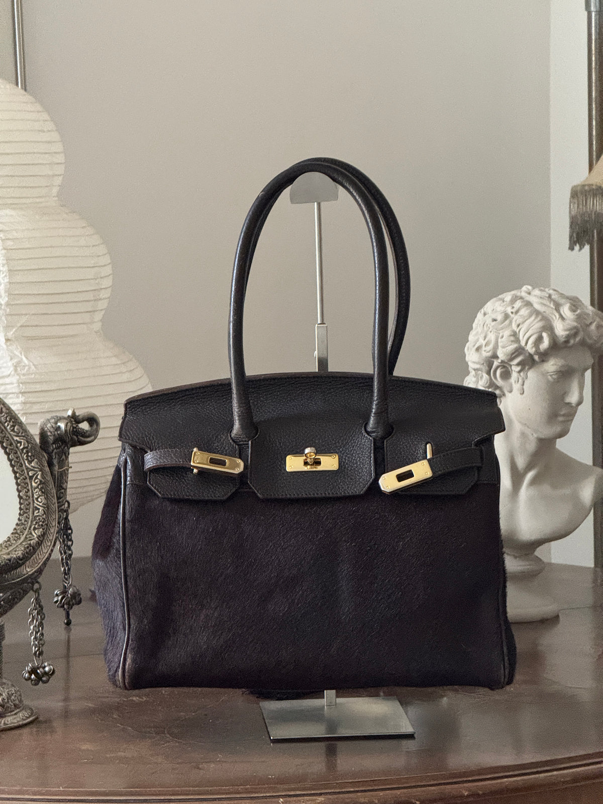 Brown Pony Hair and Leather Bag with Golden Details