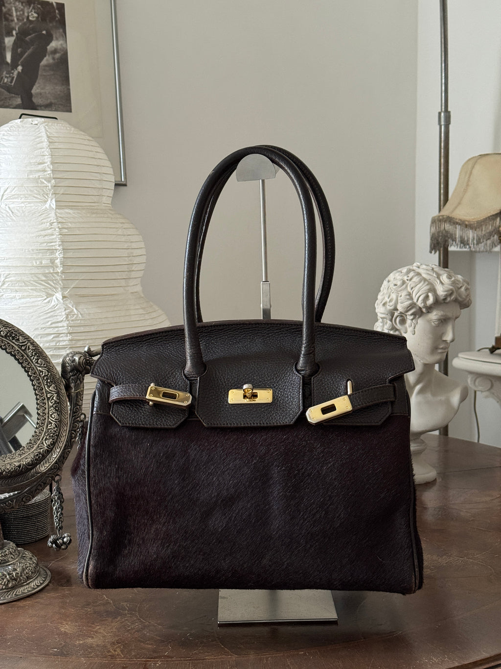 Brown Pony Hair and Leather Bag with Golden Details