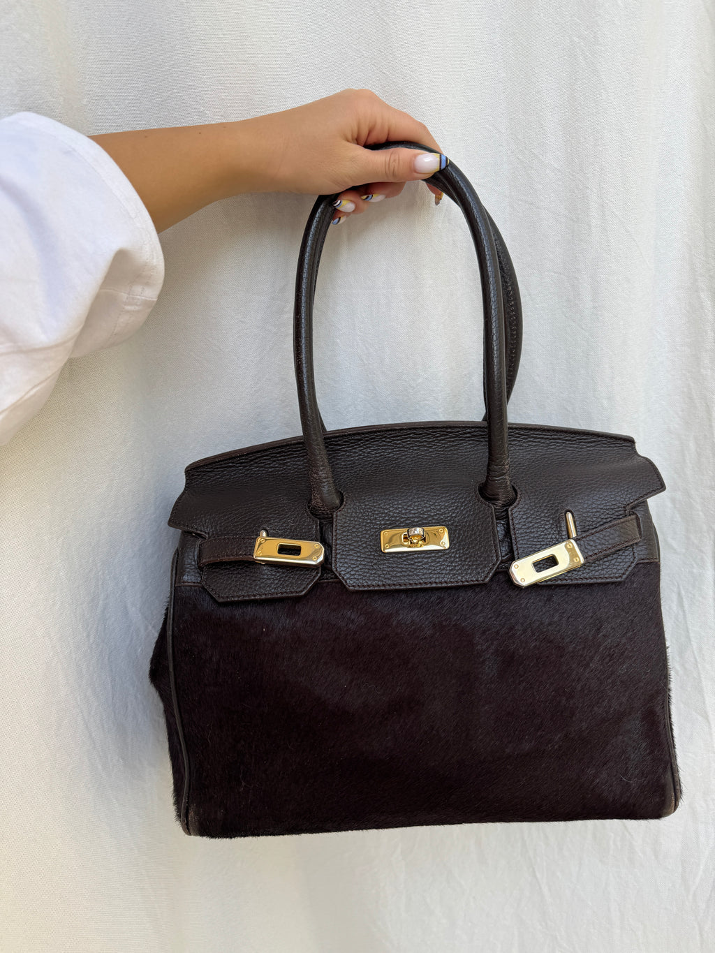 Brown Pony Hair and Leather Bag with Golden Details
