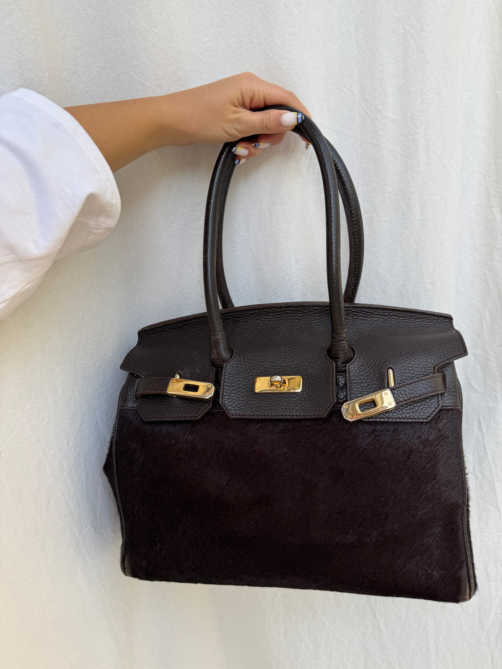 Brown Pony Hair and Leather Bag with Golden Details