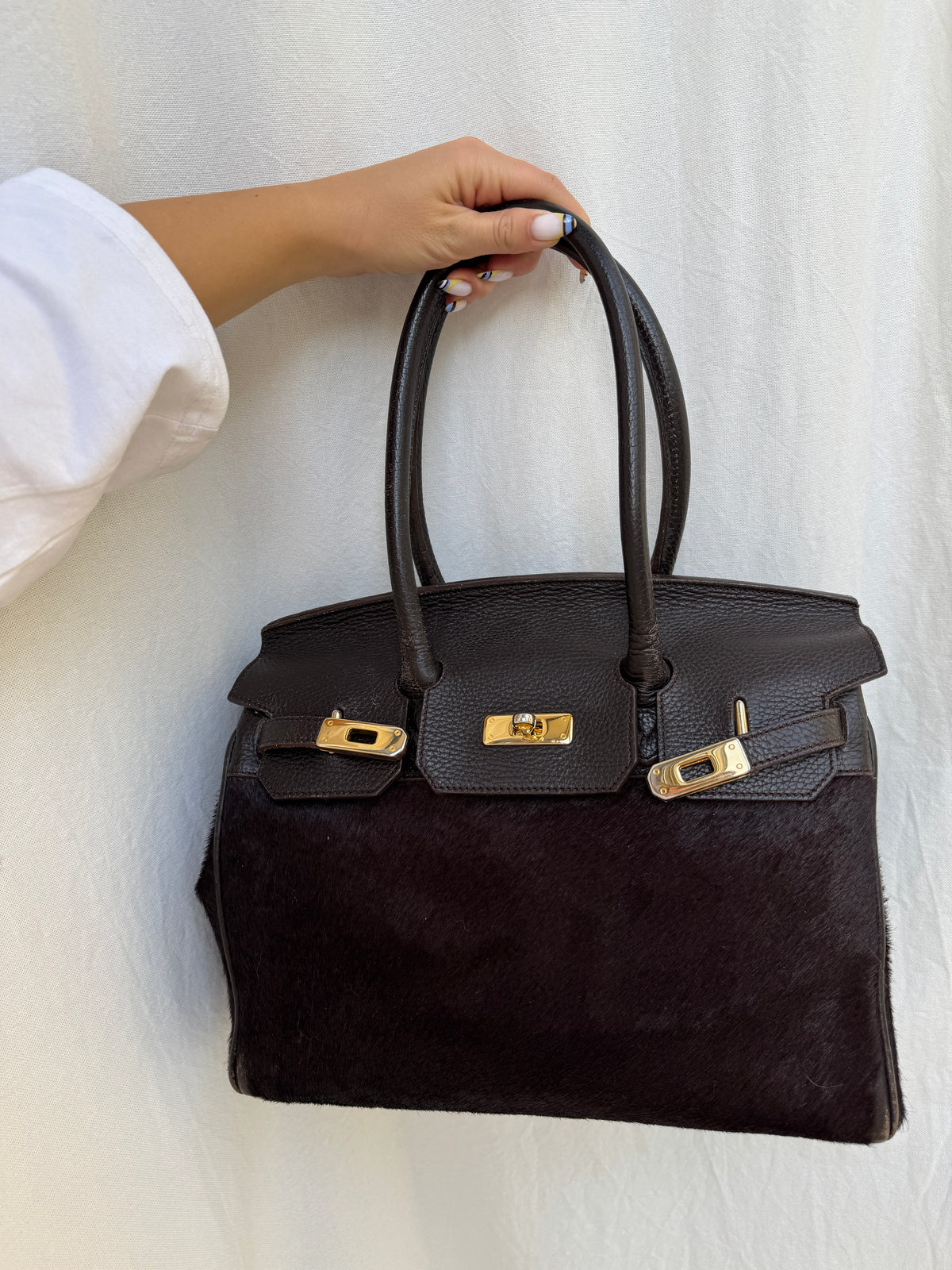 Brown Pony Hair and Leather Bag with Golden Details