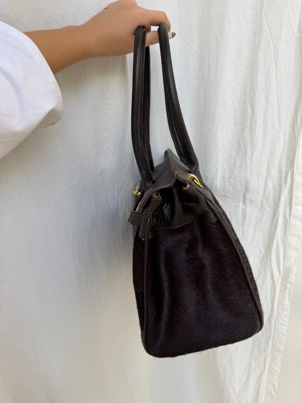 Brown Pony Hair and Leather Bag with Golden Details