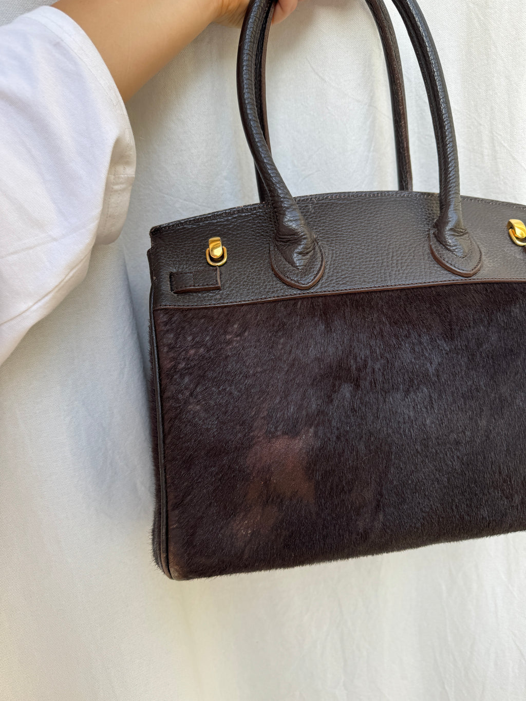 Brown Pony Hair and Leather Bag with Golden Details
