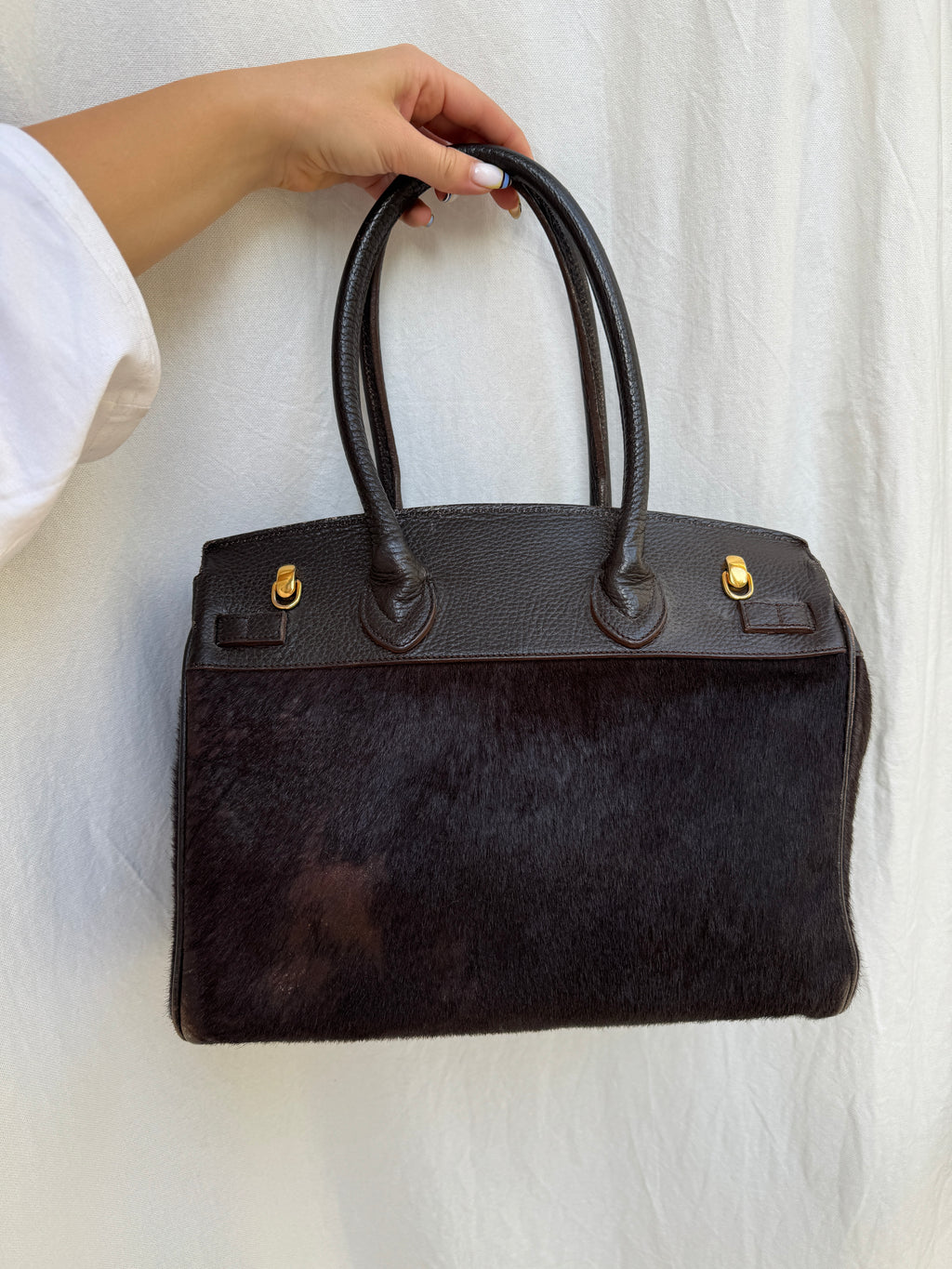 Brown Pony Hair and Leather Bag with Golden Details