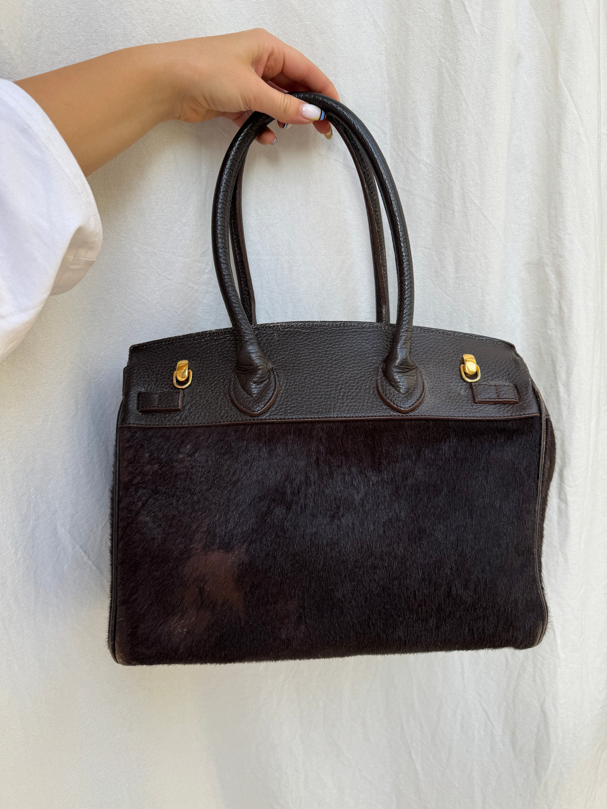 Brown Pony Hair and Leather Bag with Golden Details