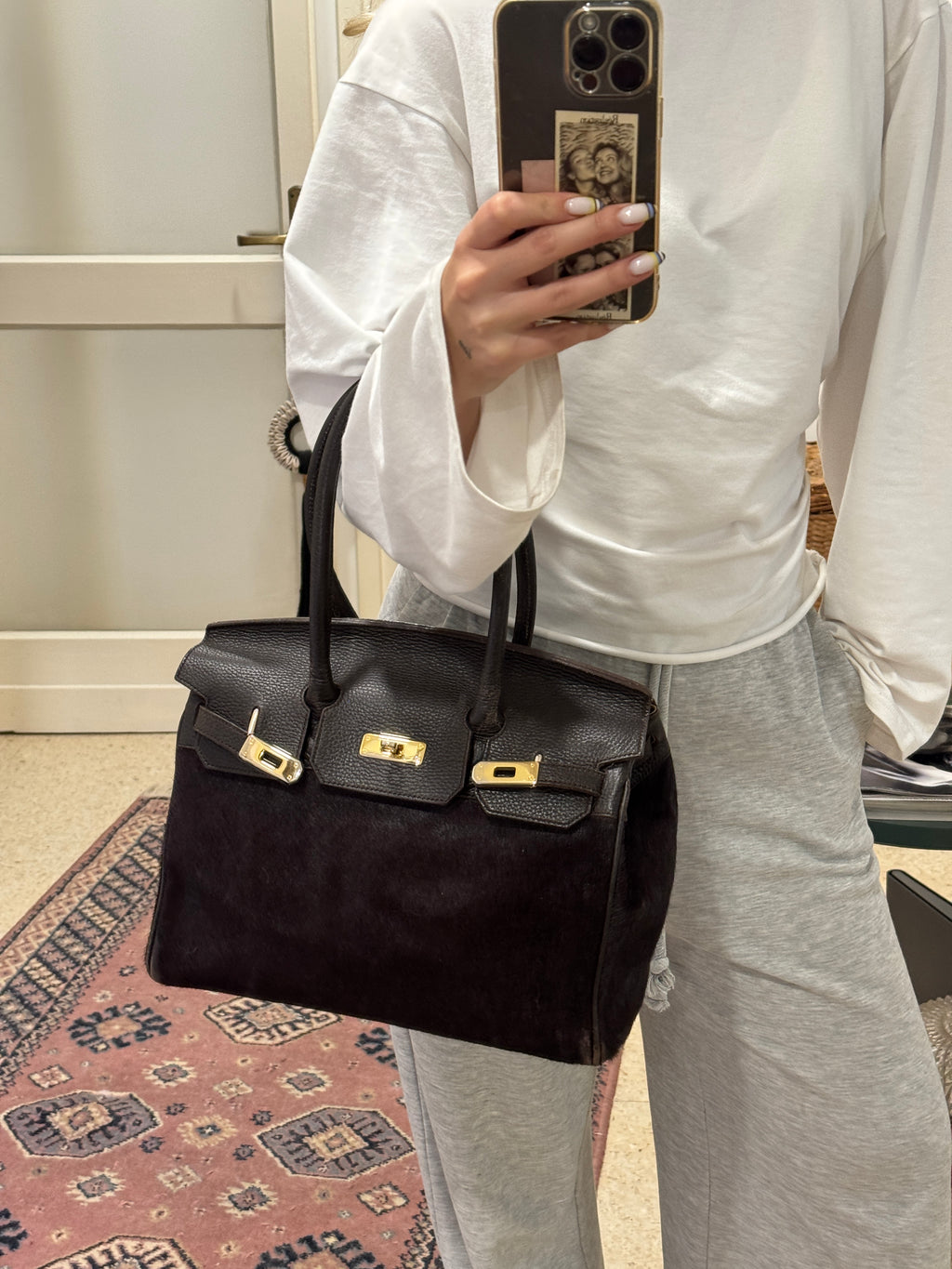 Brown Pony Hair and Leather Bag with Golden Details