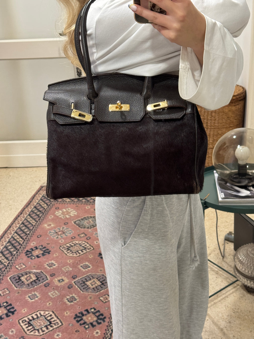 Brown Pony Hair and Leather Bag with Golden Details