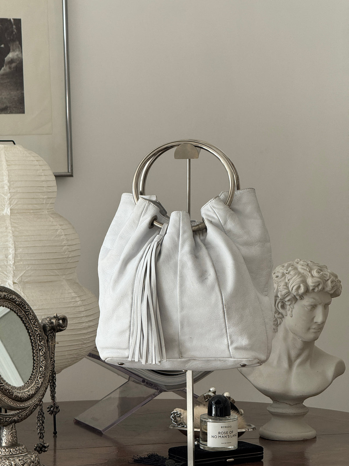 White Leather Shoulder Bag with Tassle and Metallic Handle
