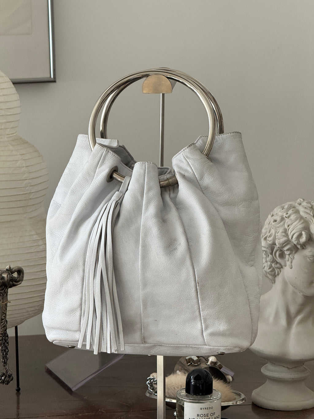 White Leather Shoulder Bag with Tassle and Metallic Handle