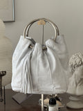 White Leather Shoulder Bag with Tassle and Metallic Handle