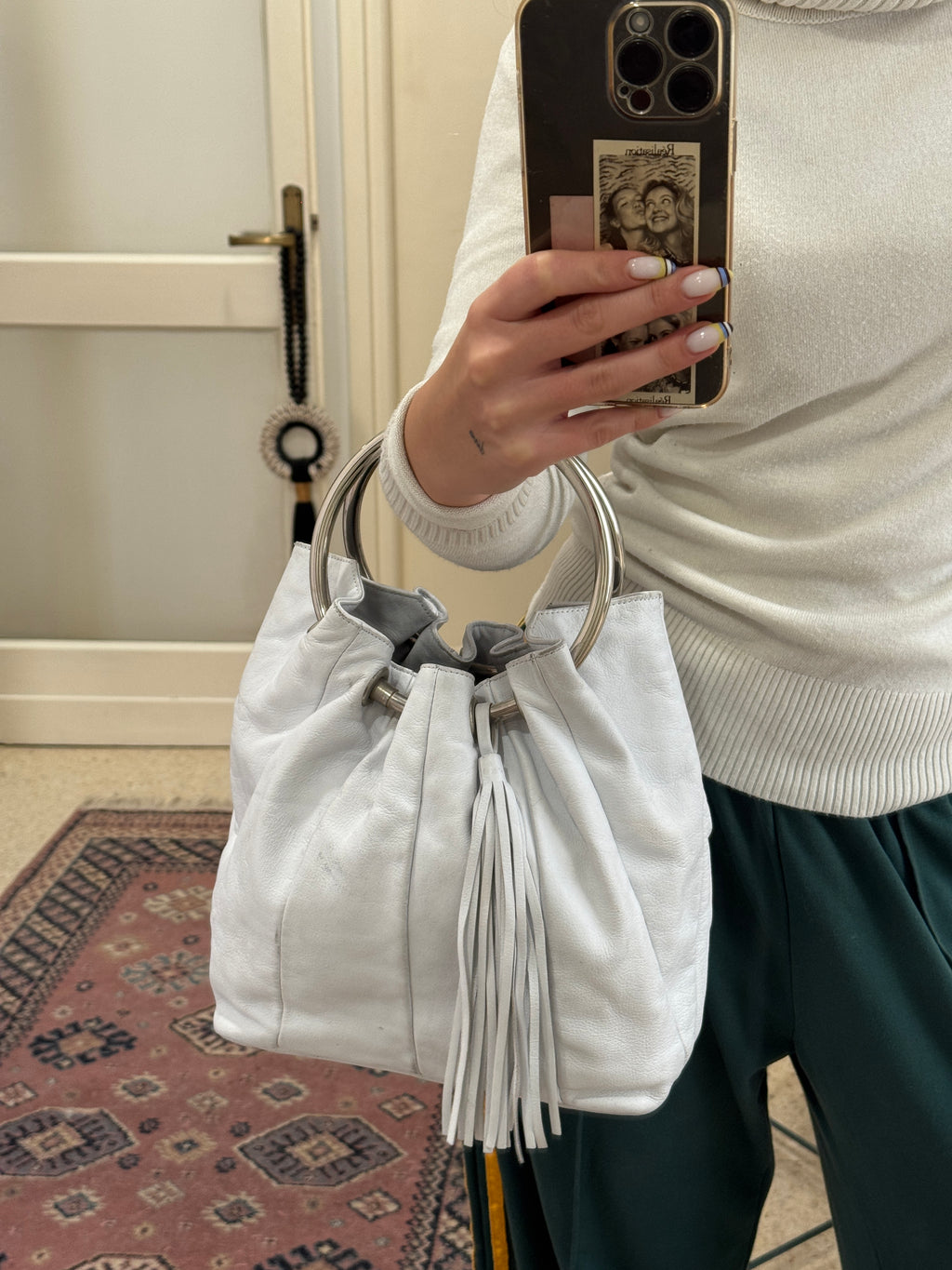 White Leather Shoulder Bag with Tassle and Metallic Handle