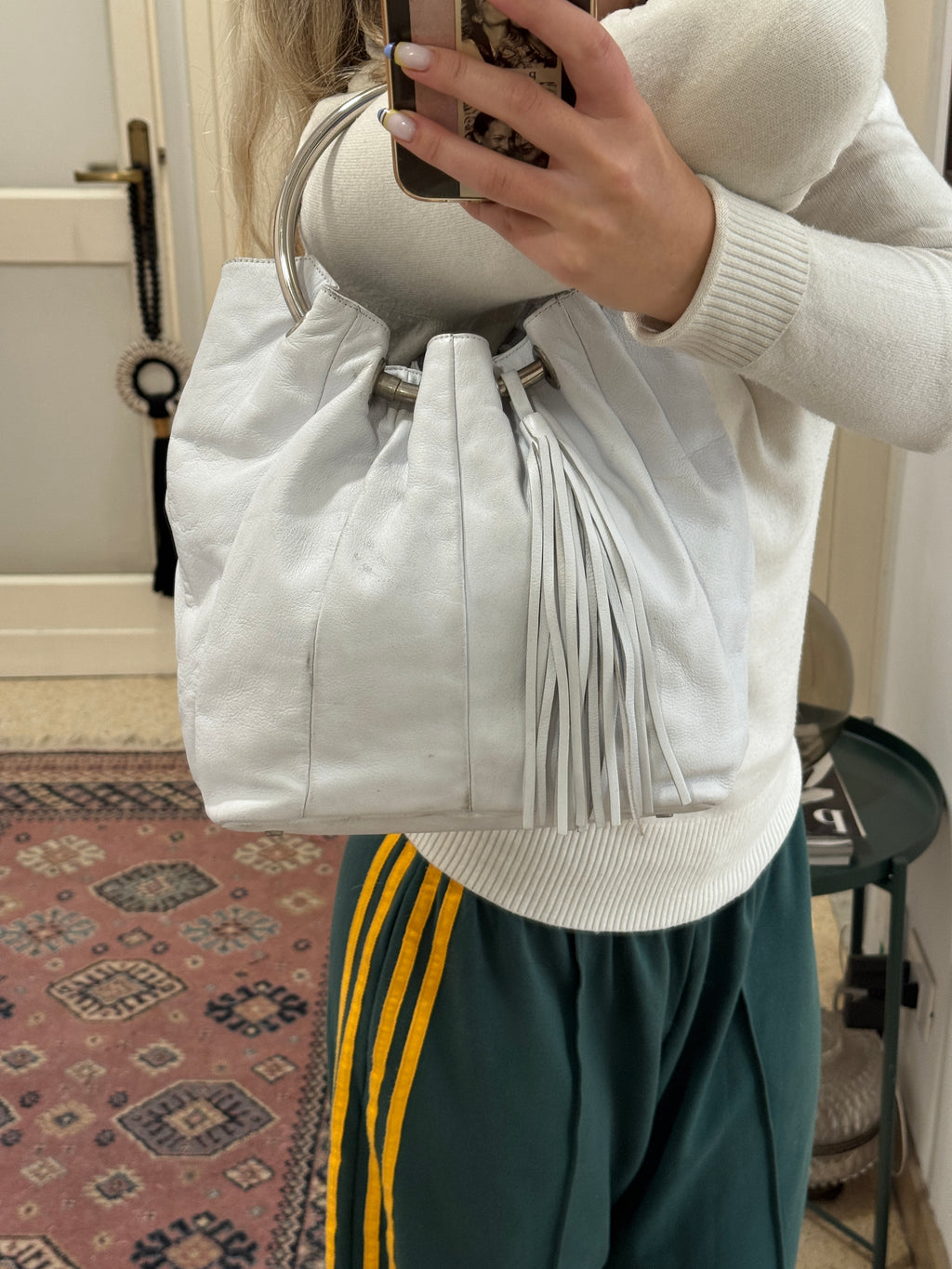 White Leather Shoulder Bag with Tassle and Metallic Handle